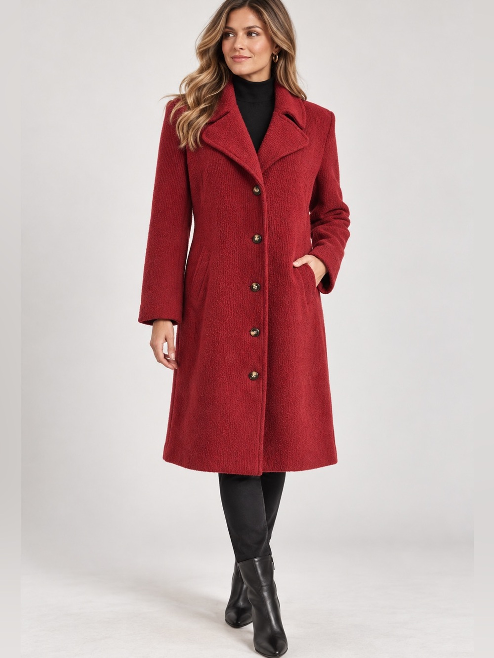 Cabi Red Textured Long Coat Jacket Button Back Size M